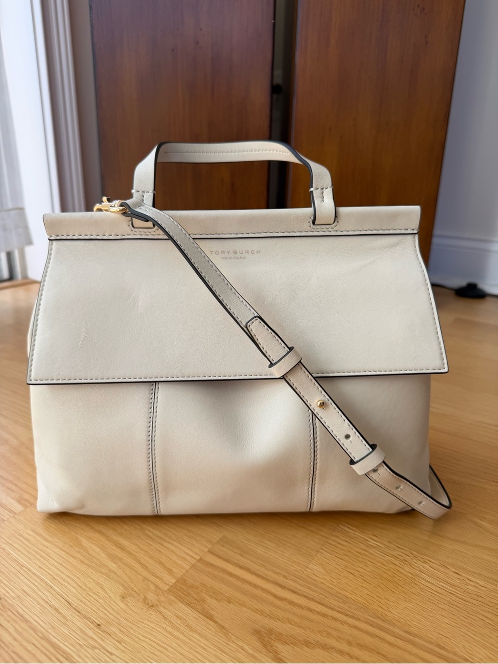 Tory Burch Block-T Satchel Ivory Leather Crossbody Top Handle Bag
